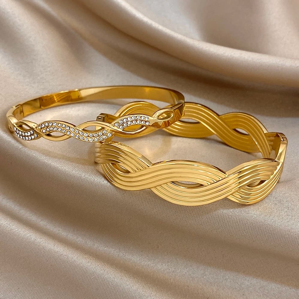 Cross Twist Hollow Out Women's Cuff Bracelet Rhinestone Stainless Steel Outdoor Party Wear Temperament Luxury Jewelry Bangles