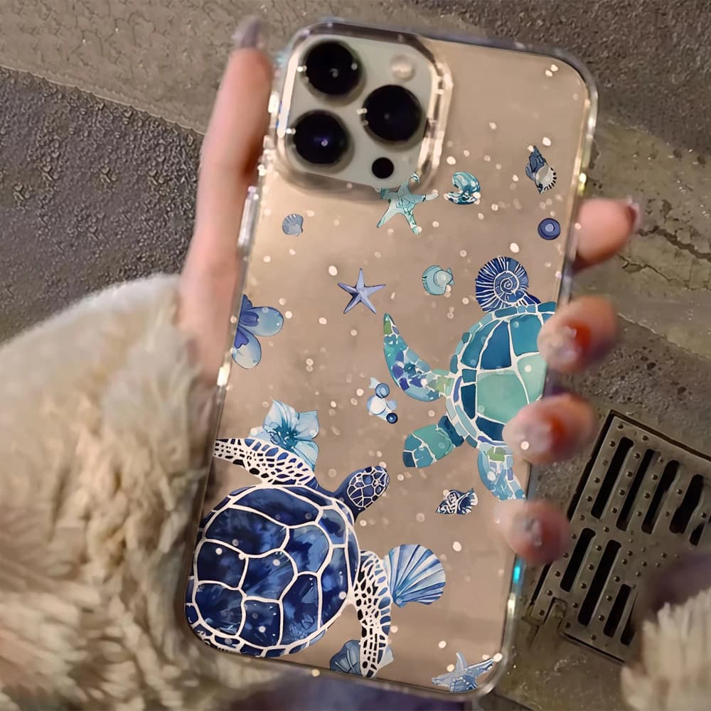 Summer Sea Turtles Clear Glitter Phone Case For iPhone 17 15 13 16 12 11 14 Pro Max 17 Air XR X 16e Cases Shockproof TPU Cover