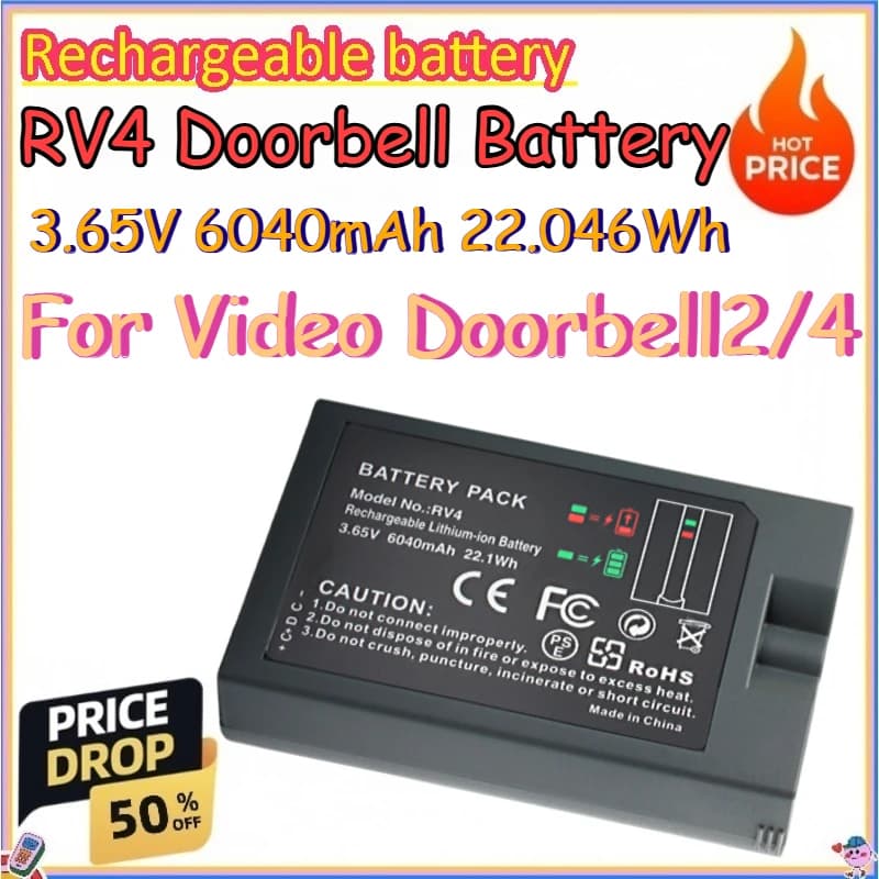 RV4 3.65V 6040mAh 22.046Wh Doorbell Battery for Video Doorbell2/4 Rechargeable Replaceable Lithium-ion Battery