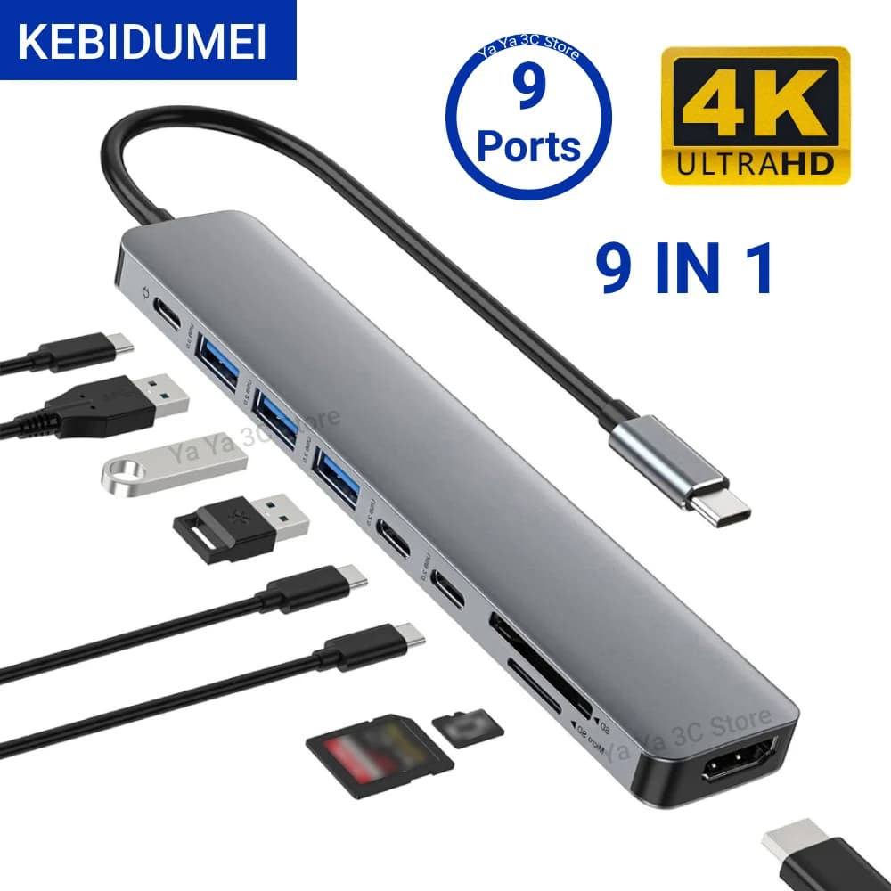 KEBIDUMEI Hub USB 3.0 Type C 9-in-1 con Lettore di Schede TF/SD, Ricarica Rapida PD, Multi-hub, Docking Station 4K HDTV per MacBook e Laptop