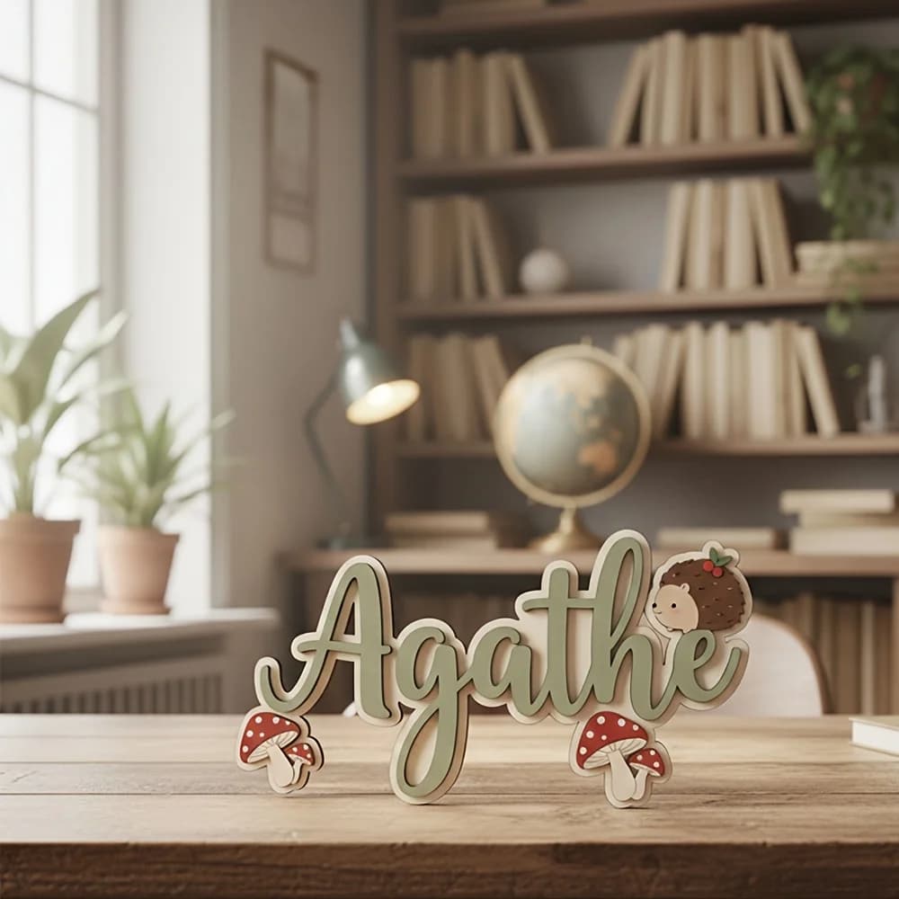 Insegna in Legno Personalizzata con Nome per Decorazione Camera da Letto, Targa in Legno a Doppio Strato 2D da 29,97 cm con Simpatico Riccio