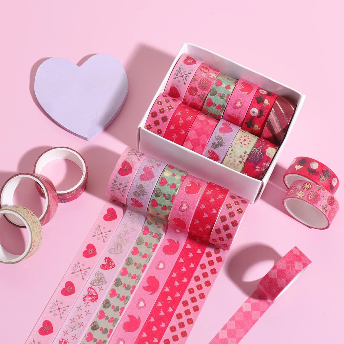 Valentine's Day Washi Tape Set,12 Roll Gold Foil Floral Heart Pattern,Decorative Tape for Journaling,Scrapbooking,DIY Gift