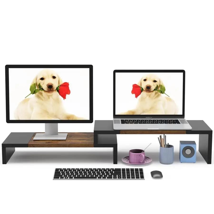 Support for Double Monitor with 2 shelves, Adjustable in Length and Angle, Desktop Organizer for PC