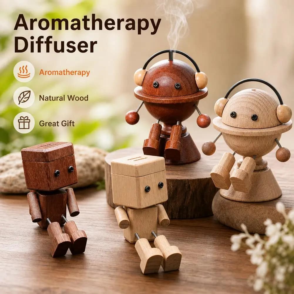Wooden Robot Ornament Car Dashboard Decor Aromatherapy Diffuser Stress Relief Toy