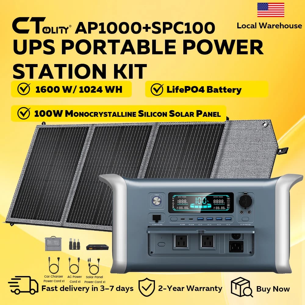 CTOLITY AP1000 1600W Portable Power Station 320000mAh LiFePO4 Battery 100W Monocrystalline Solar Panel Included Dual Solar Fast Charging for RV, Camping, Outdoor, Travel