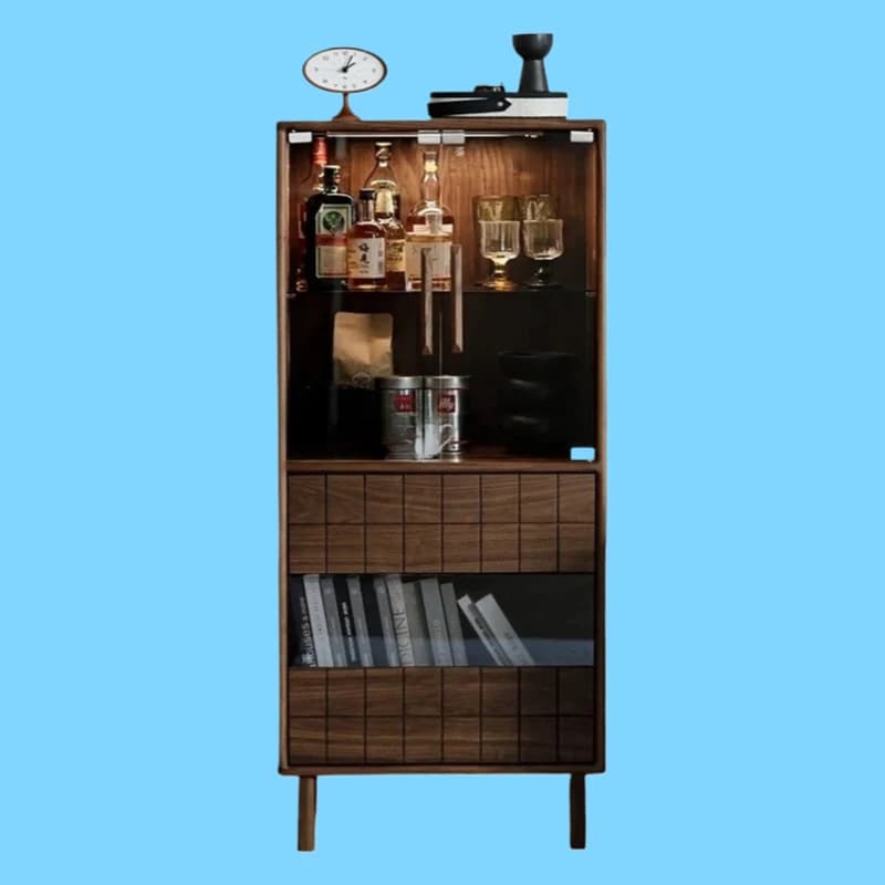 Mobile Laterale in Legno Massello di Noce Nero, Stile Nordico, con Vetrina per Vini, Libreria e Mobile TV per Soggiorno