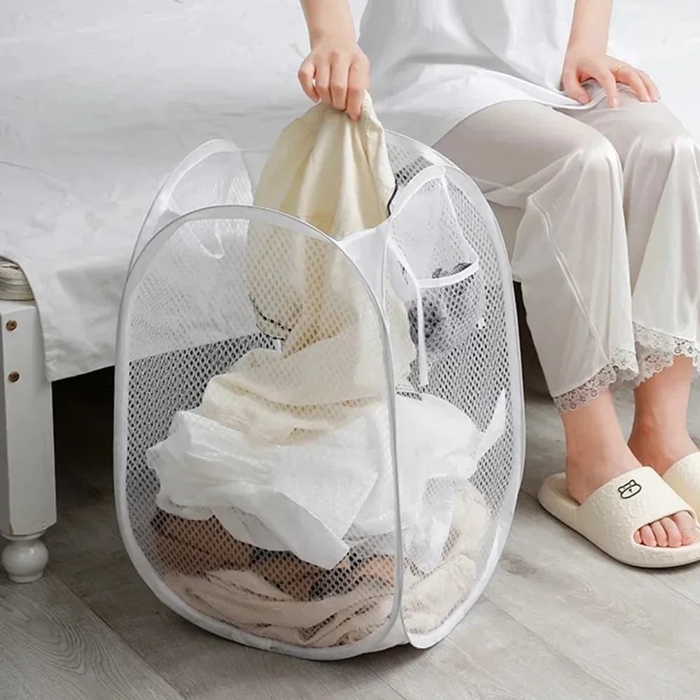 Cesto per la biancheria in rete Pop Up Cesto per vestiti sporchi Contenitore portaoggetti pieghevole Organizzatore di giocattoli con tasca laterale Elementi essenziali per il dormitorio del bagno