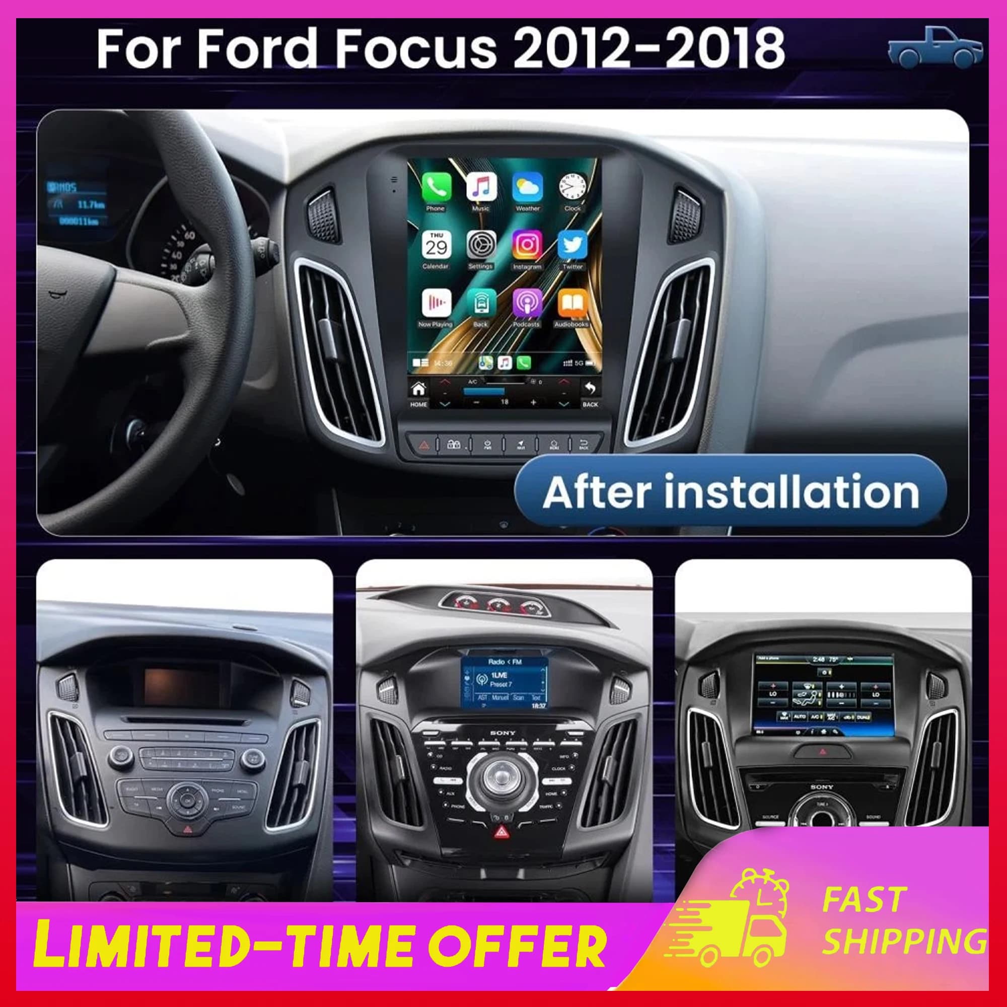 Autoradio Android 15 con Navigatore GPS per Ford Focus 2012-2018, 2+32G, Carplay e Android Auto integrati, Lettore Multimediale Intelligente da 9.7 pollici