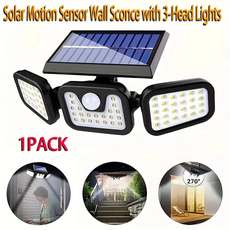 Lampada Solare a 74 LED con 3 Teste e Sensore di Movimento, Luminosità Regolabile, Illuminazione da Esterno per Giardino, Porta d'Ingresso, Garage, Cortile, Sentieri