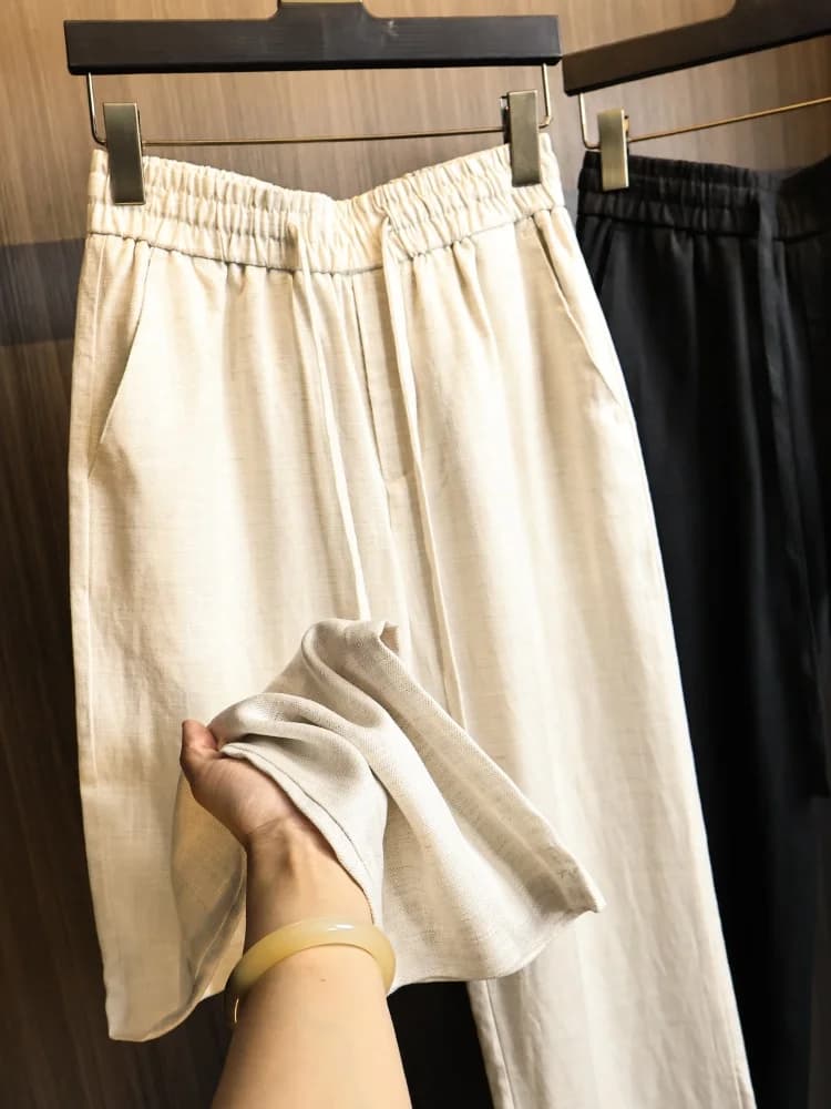 Linen Cool Feeling Casual Pants Men's Summer Breathable Comfortable Elastic Waist Straight Leggings Loose Fit Trousers