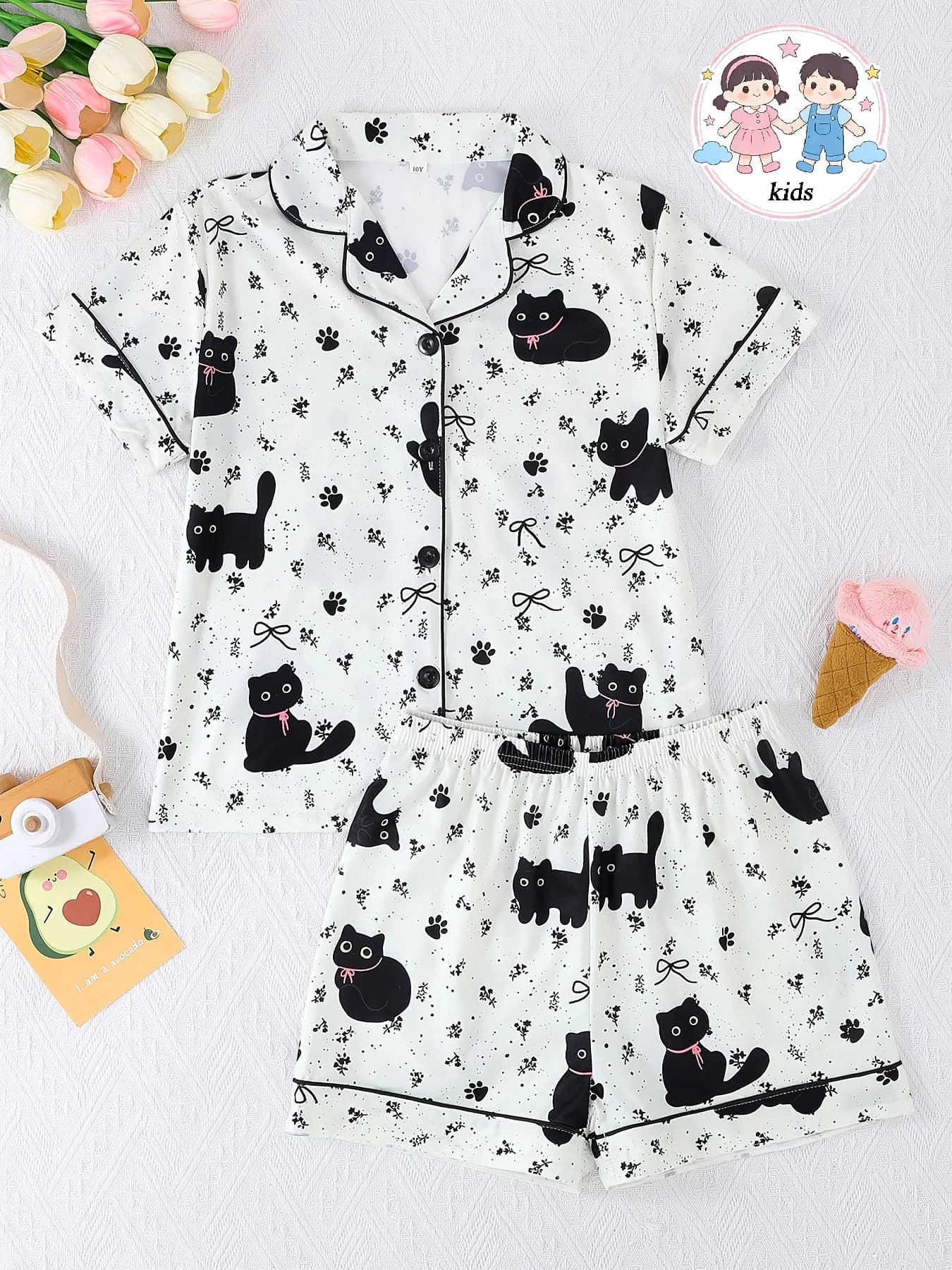 Cat Enthusiast 3D Printed Children's Adult Pajamas Set with Lapel, Short Sleeved Buttons Summer Casual Wear Quick Drying Pajamas