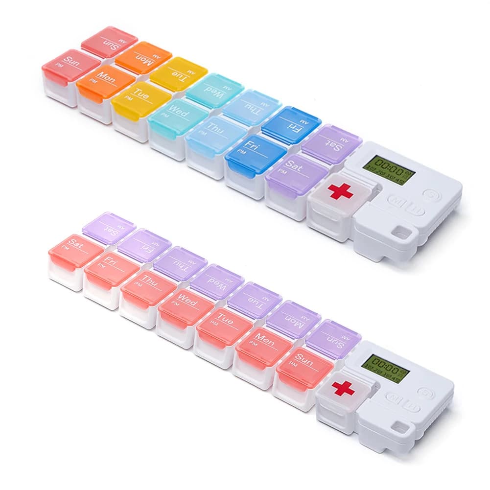 Portapillole con 14 Scomparti, Contenitore Giornaliero con Timer e Allarme, Organizzatore da Viaggio per Pillole/Vitamine/Olio di Pesce/Integratori