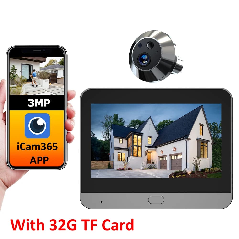 Con scheda TF 32G iCam365 3MP FHD 2.4G WiFi Batteria Spioncino Porta Foro oculare Visualizzatore digitale magico Telecamera Peepholecam residenziale