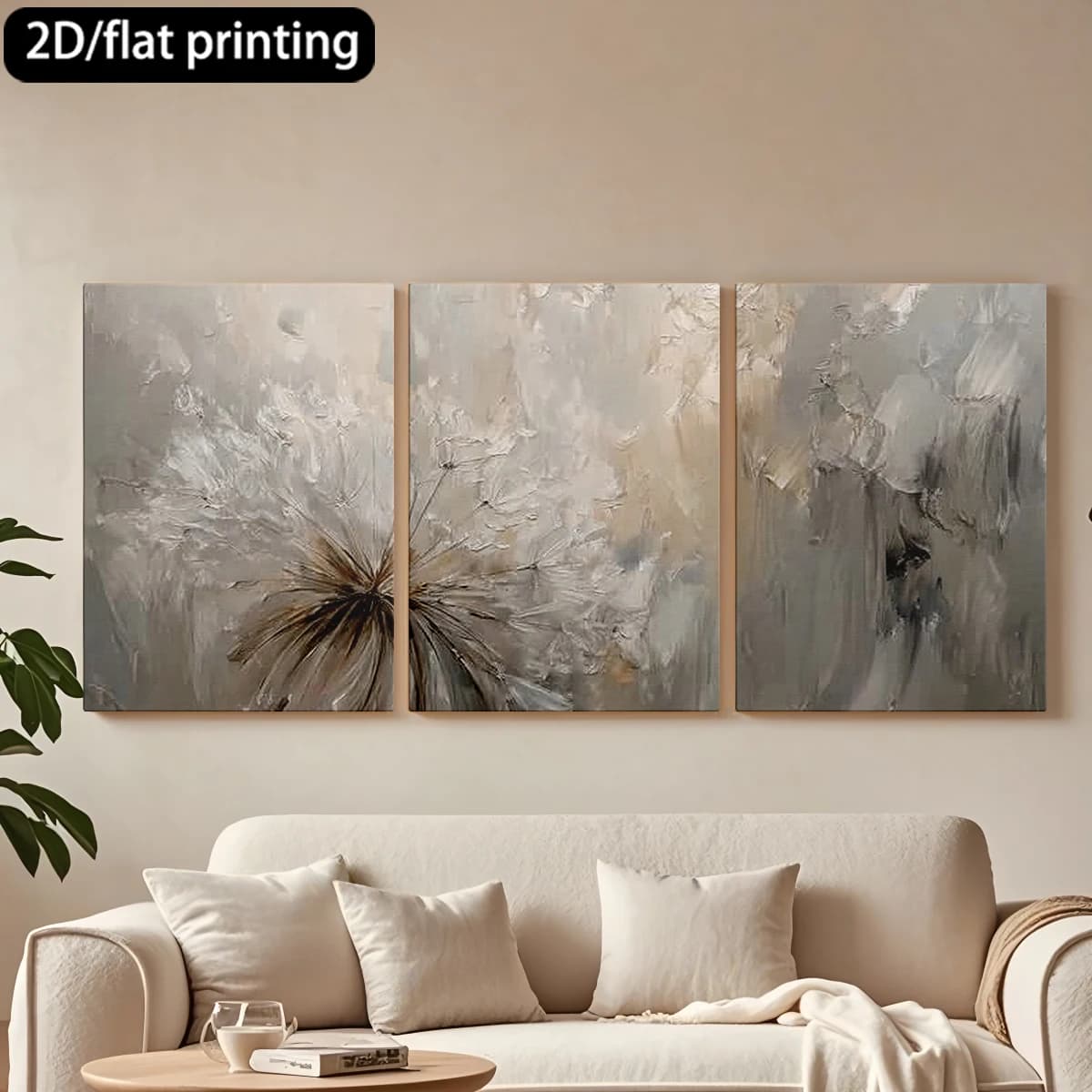 2D flat printing 3pc wooden frame canvas decorative painting Painting of dandelion, soft tones.Corridor bedroom decoration