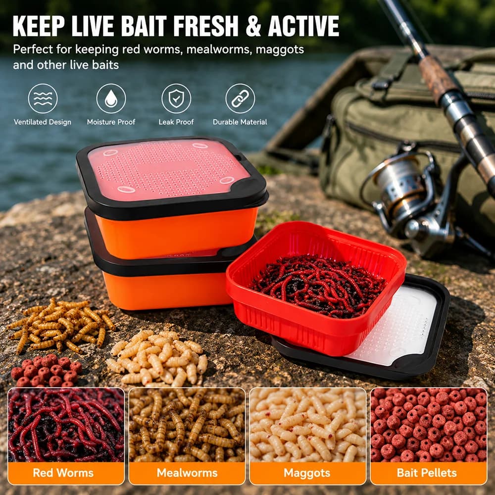 Scatola per esche vive, scatola per attrezzatura da pesca con telaio interno, accessori da pesca, scatola di ventilazione in ABS per vermi rossi e lombrichi