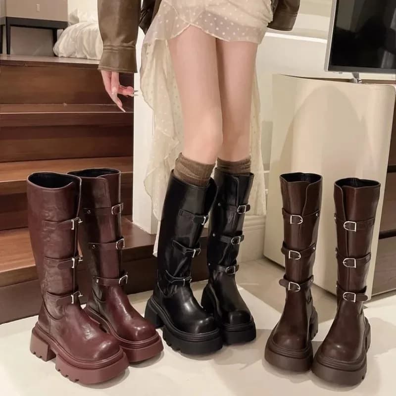 Stivali da Donna con Suola Spessa e Tubo Lungo, Nuovi Stivali da Cavaliere Stile Britannico Autunno Inverno 2026, Stivali Alti al Ginocchio