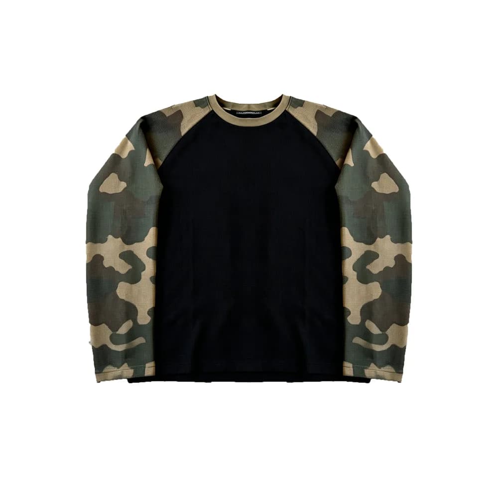 2026 New Camouflage Sleeve Black Waffle T-Shirt Men Hip Hop Streetwear Crew Neck Tops