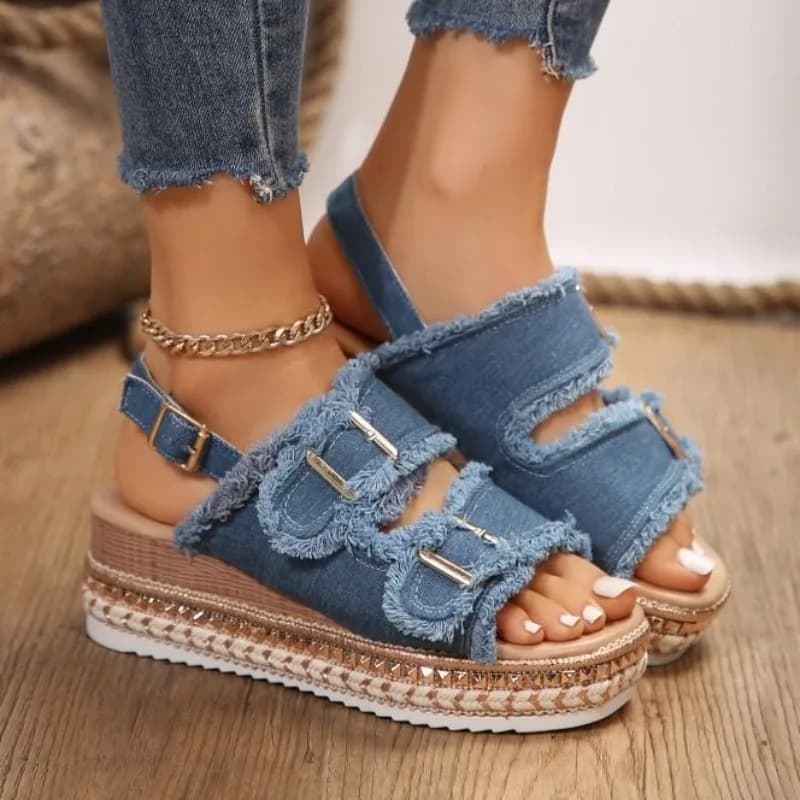 Sandali Donna Classici in Denim e Tela, Sandali con Zeppa alla Moda, Sandali Estivi con Cinturino alla Caviglia, Sandali da Spiaggia Donna, Sandalias Mujer