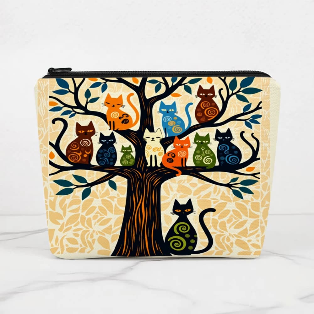 Borse per il trucco con motivo gatti colorati su albero per ragazze, pochette per cosmetici, borsa da toilette, astuccio per matite, custodia da viaggio