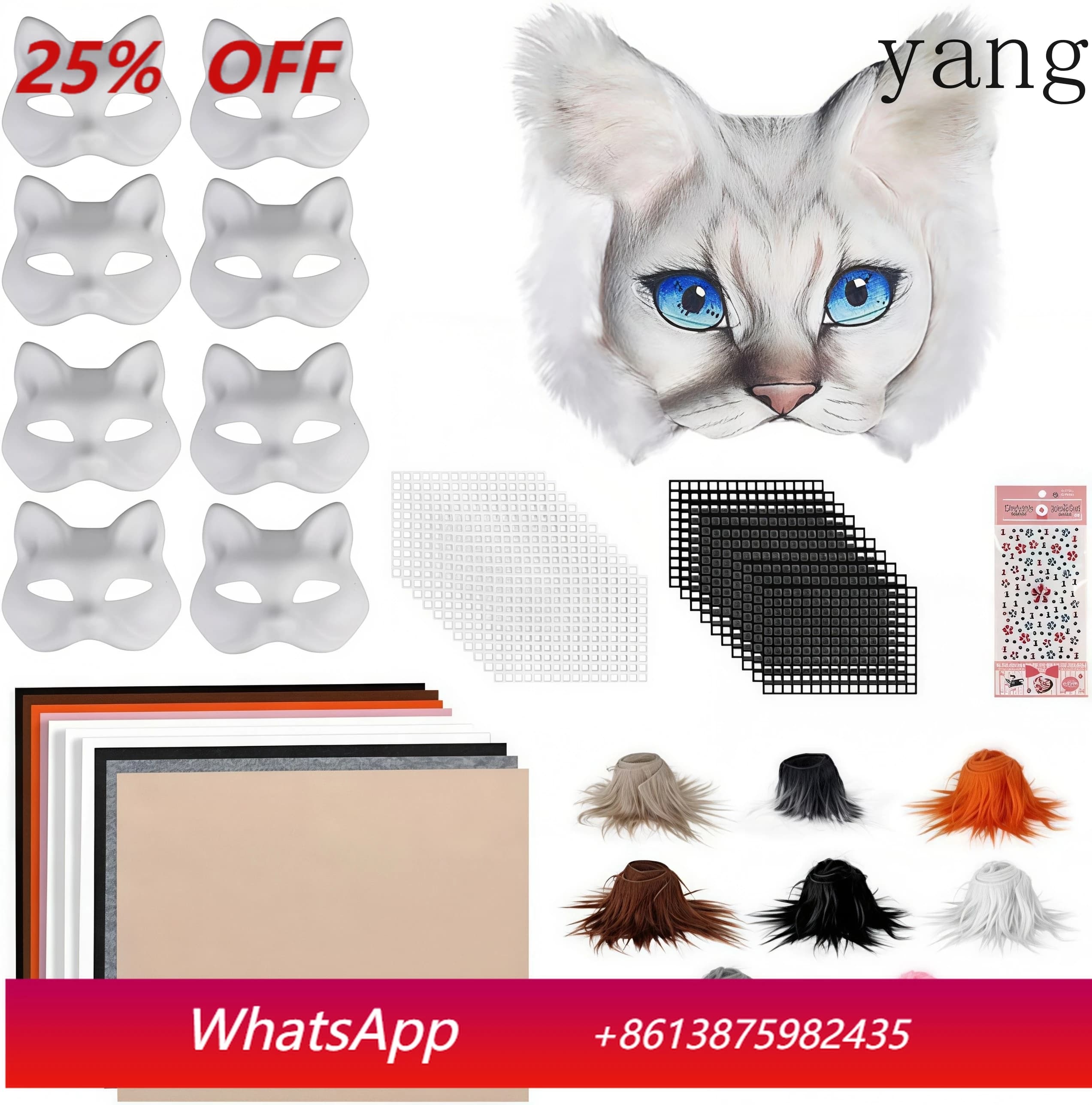 Kit Maschera Fai-da-Te da 43 Pezzi, Maschera Gatto Semipersonalizzabile Dipinta a Mano, Maschera Bianca da Gatto per Carnevale, Mascherata, Cosplay e Feste