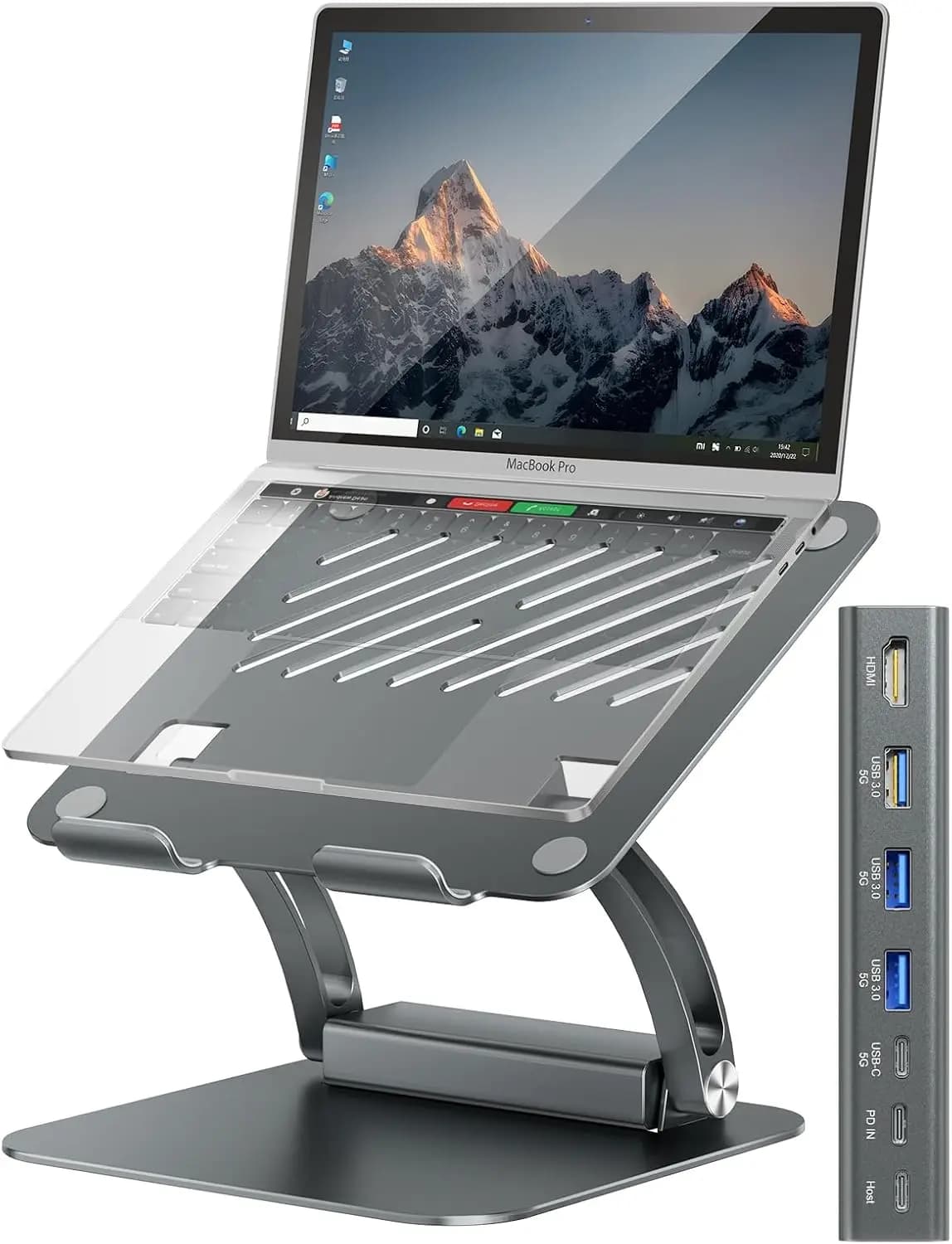 Laptop Support with USB-C Stackable Hub, PD 100W Charging, HDMI 4K, 10-17 Inch Laptop Ergonomic Support - Grey