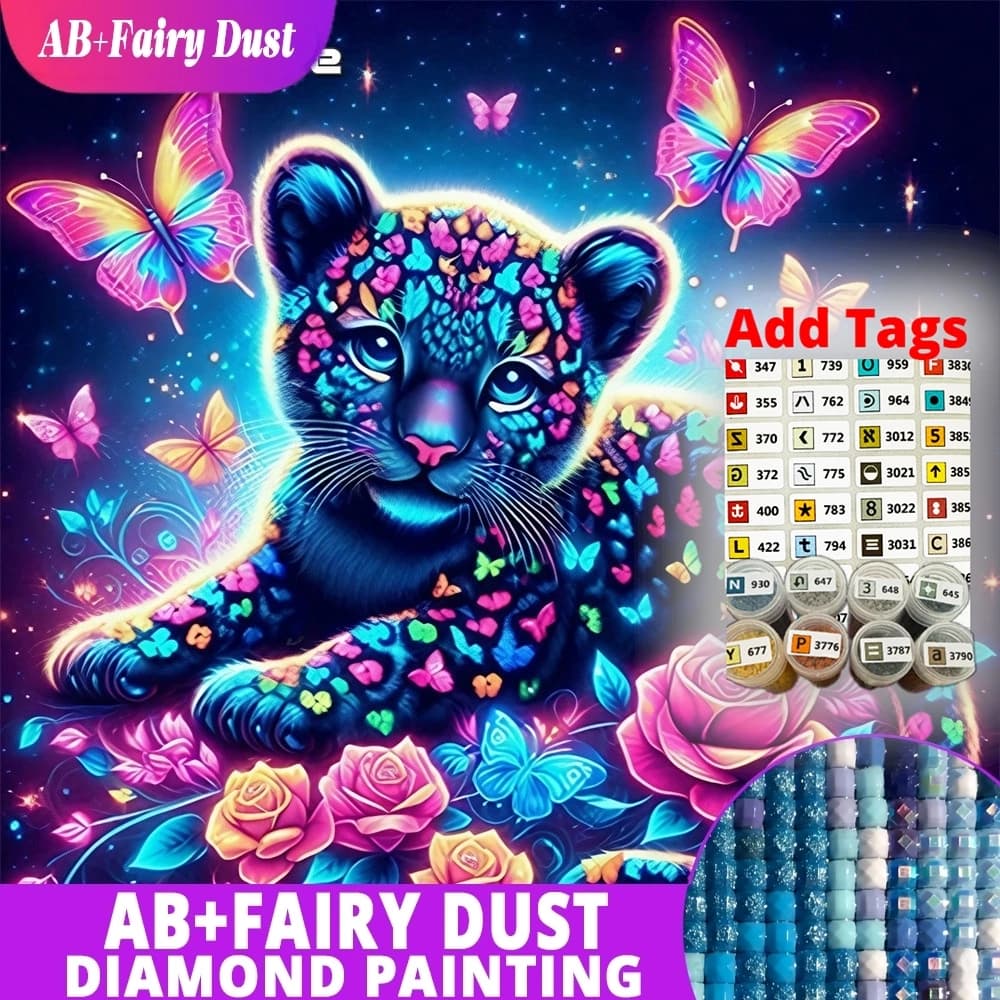 Kit Ricamo Punto Croce AB Fairy Dust Diamond Mosaic Animal Leopard, Pittura Farfalla, Ricamo Quadrato Completo, Rosa, Regalo Fatto a Mano