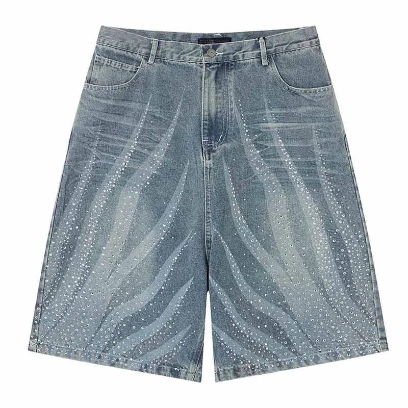 Pantaloncini jeans vintage hip hop streetwear patchwork casual in denim da uomo