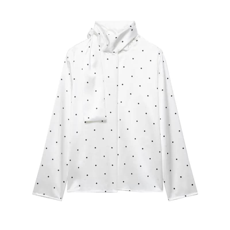 Women's Elegant White Polka Dot Satin Blouse Scarf Tie Neck Long Sleeve Shirt Casual Office Workwear Top