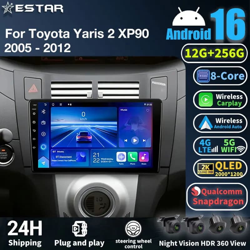 Autoradio Android 16 per Toyota Yaris 2 XP90 2005 - 2012 Lettore multimediale GPS Navi Head Unit Wireless Carplay Auto DSP RDS QLED
