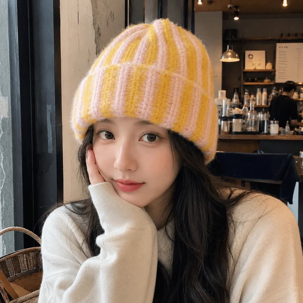 Fashion Color Blocked Striped Beanie Hat Soft Thick Ribbed Knit Cap Thermal Windproof Warm Hat Outdoor