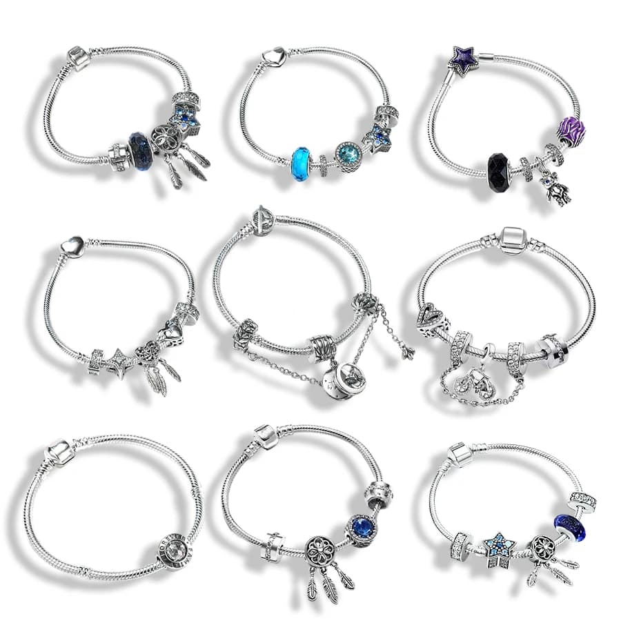 925 Silver Style Charm Bracelet Dreamcatcher & Star Design With Blue Crystal Beads - Fashion Jewelry For Daily Wear, Party Gift