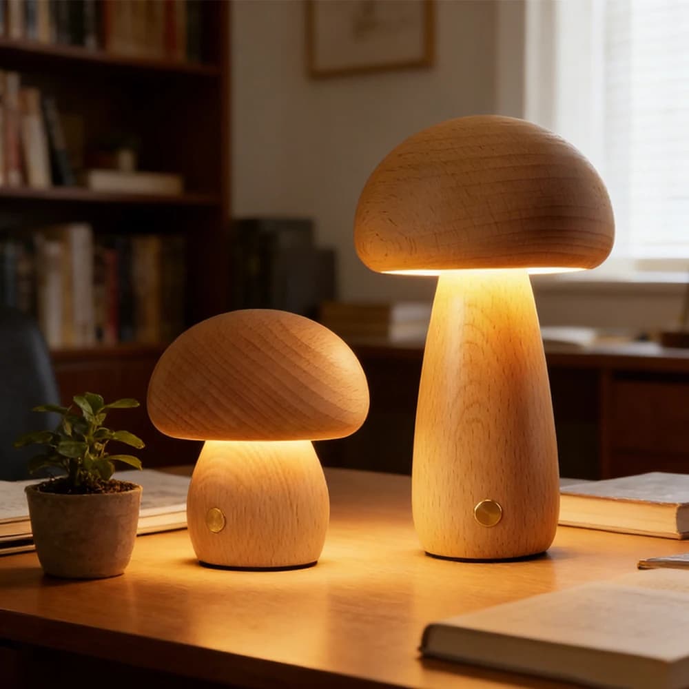 Rechargeable Mushroom LED Table Lamp, Dimmable Touch Control Wooden Night Light, Portable Creative Bedside Desk Lamp for Bedroom