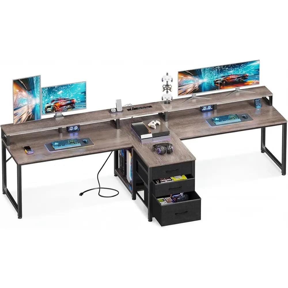 94 Two-Person Office Desk with Power Outlet, Fabric Drawers, File Cabinet, Long Writing Surface, Monitor Stand, Storage Shelves,