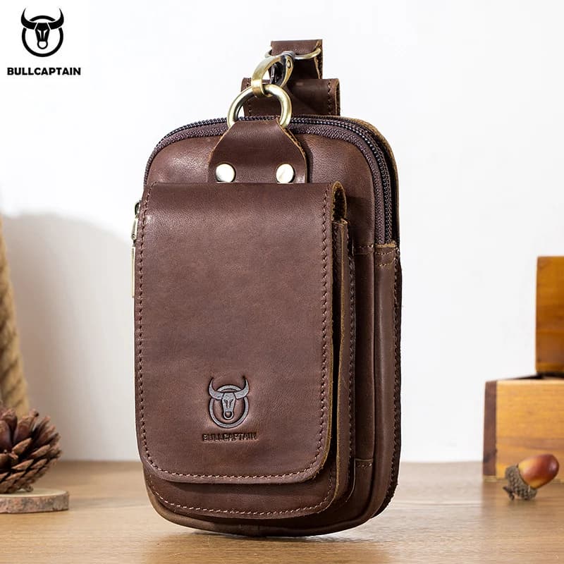 BULLCAPTAIN Fashion Quality Leather Small Summer Pouch Hook Design Waist Pack Bag Cigarette Case 6" Phone Pouch Waist Belt Bag