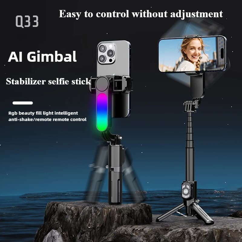 Stabilizzatore cardanico Stabilizzatore selfie stick con bilanciamento automatico AI a 1 asse con luce di riempimento e telecomando compatibile con iPhone/Android