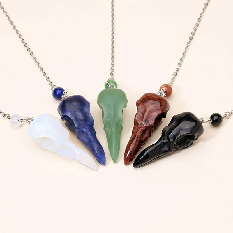 Natural Crystal Crow Skull Pendulum Obsidian Gemstone Hexagonal Cone Bag Hanging Ornament Energy Healing Home Decoration