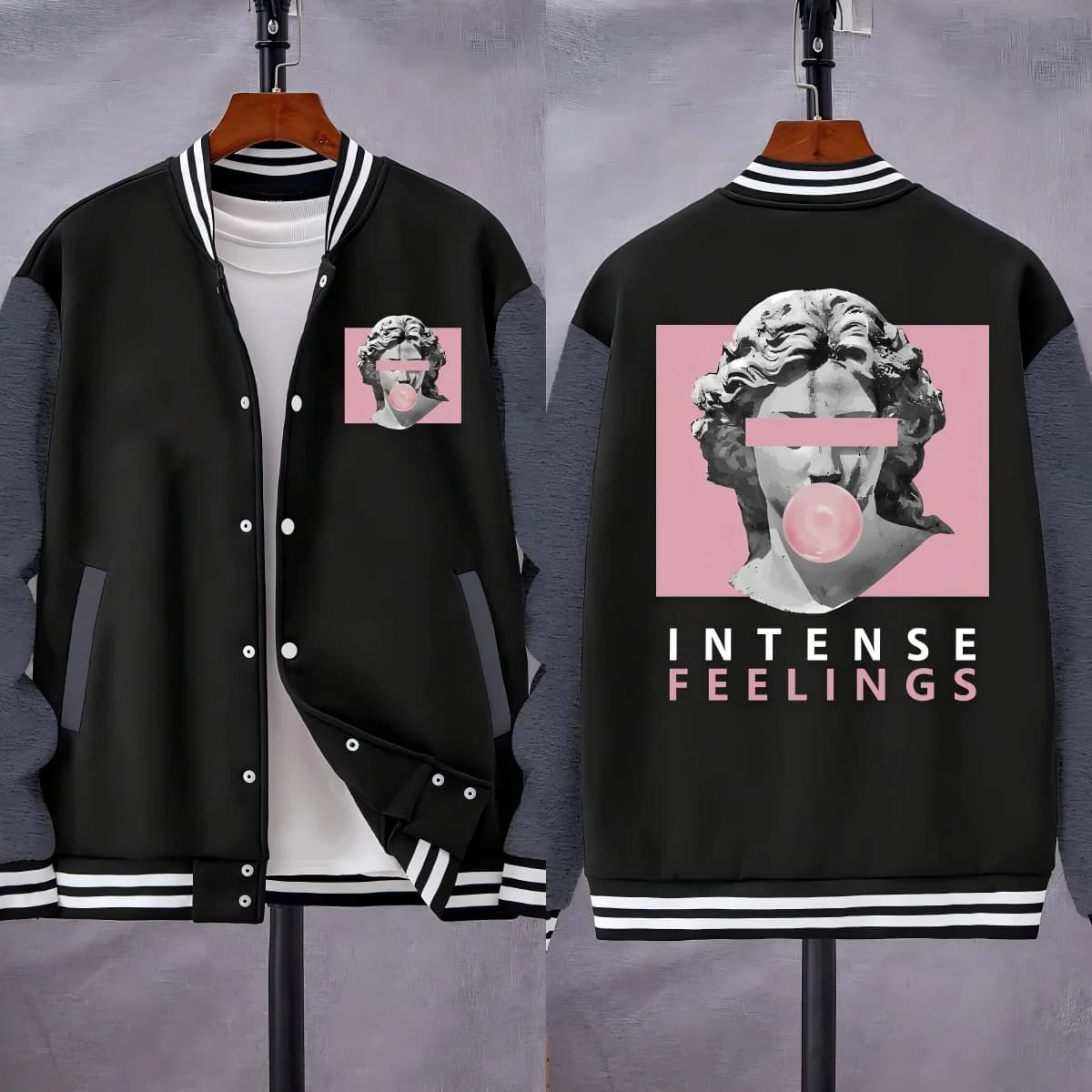 Feelings Intense Sculpture Blowing Bubbles Pink Jacket Printed By Man Street Fleece Uniforms baseball Autumn Man loose Sportswear