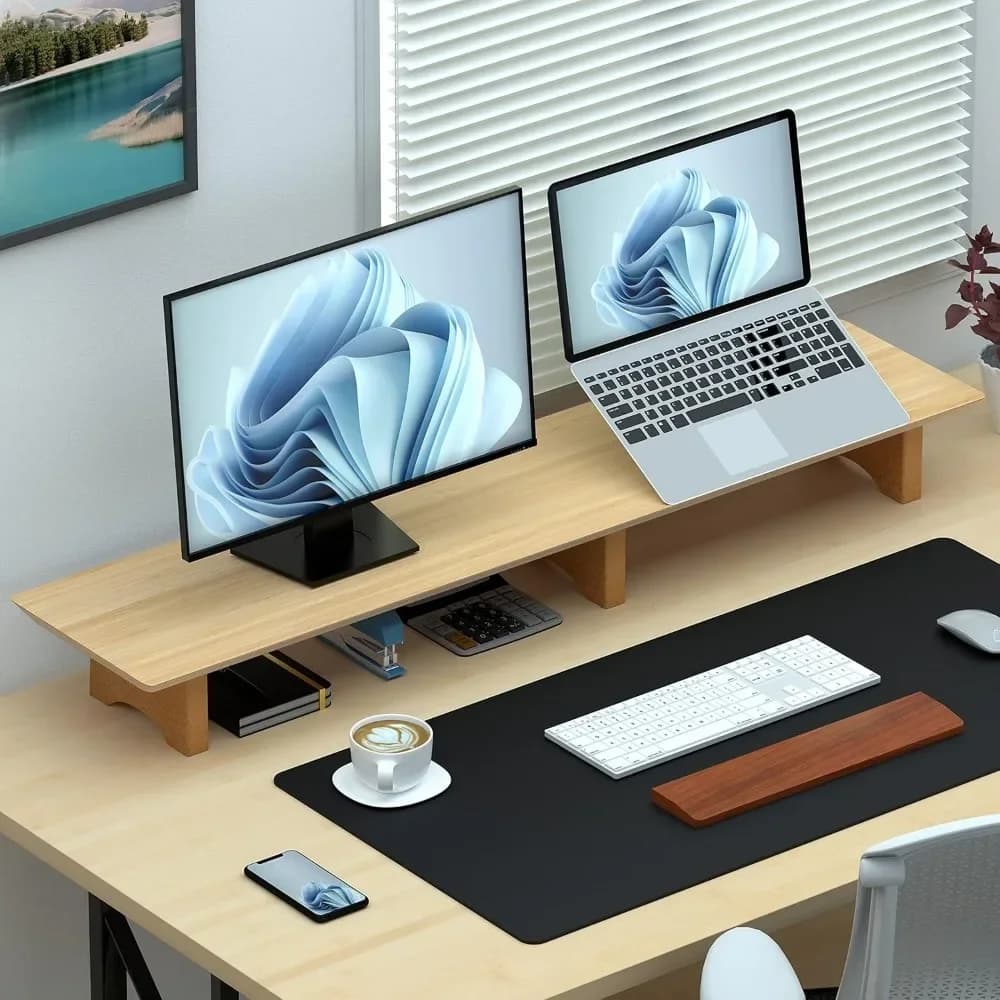 ♪ For wide support for double monitor, solid wood desk shelf with ecological cork legs for laptop/ TV/PC/printers and