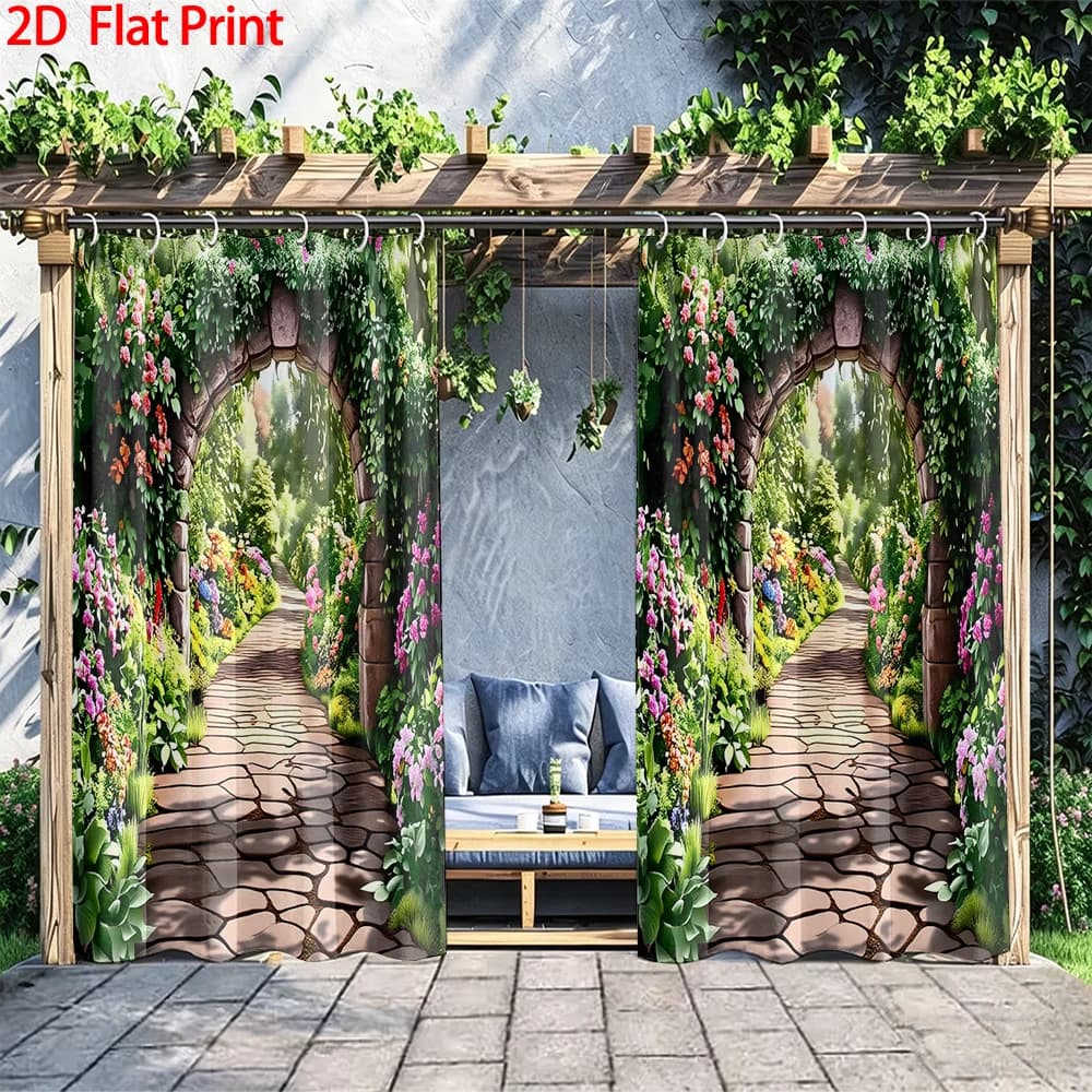 1PC/2PC outdoor window shade including hooks; featuring a printed garden and arch design; machine washable; ideal for patios, po