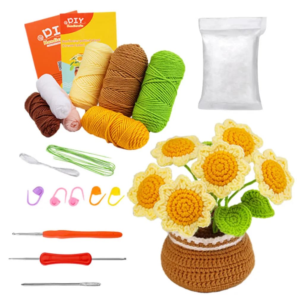 Kit Completo per Fiori all'Uncinetto per Principianti, Lavoro a Maglia Artigianale con Tutorial Video, Filato, Uncinetto, Strumenti, Piante in Vaso Fai-da-Te, Decorazione Casa, Regalo