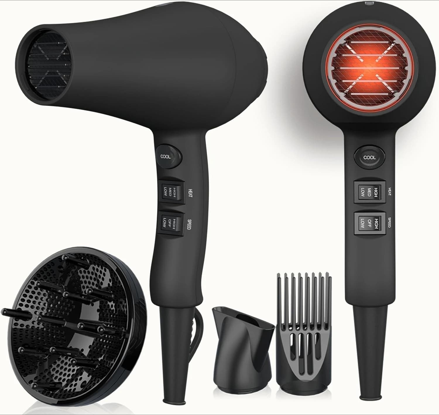 Hair Dryer, 1875W, 3 Heat & 2 Speed, with Diffuser, with Concentrator, Ionic Technology & Infrared - Black,