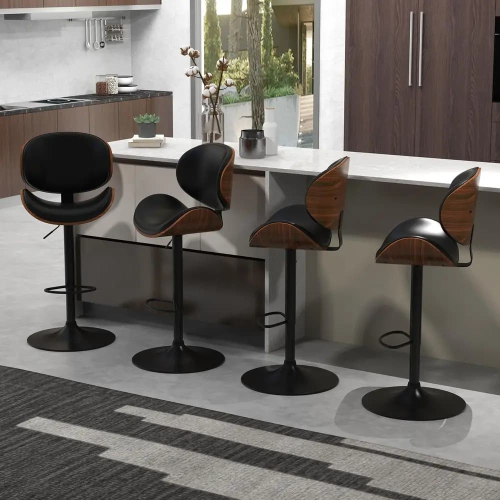 Set di 4 Sgabelli da Bar per Bancone Cucina, Sedie Regolabili in Altezza, Sgabelli Girevoli Moderni con Seduta e Schienale in Legno Curvato