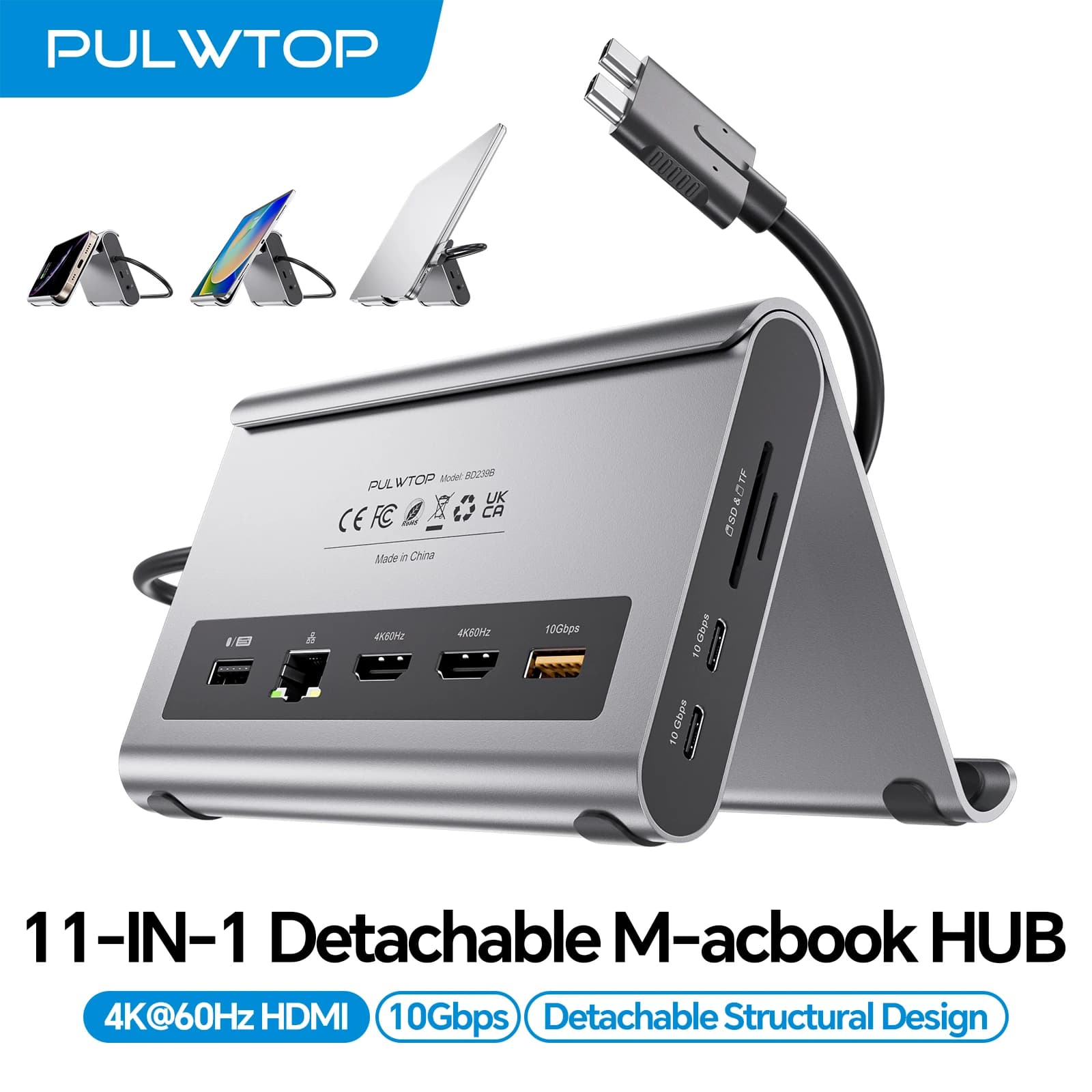 PULWTOP Docking Station USB C con 2 HDMI, PD, Ethernet, USB A/C 10Gbps, Audio, SD/TF, USB 2.0 per MacBook Pro/Air M3/M4/M5