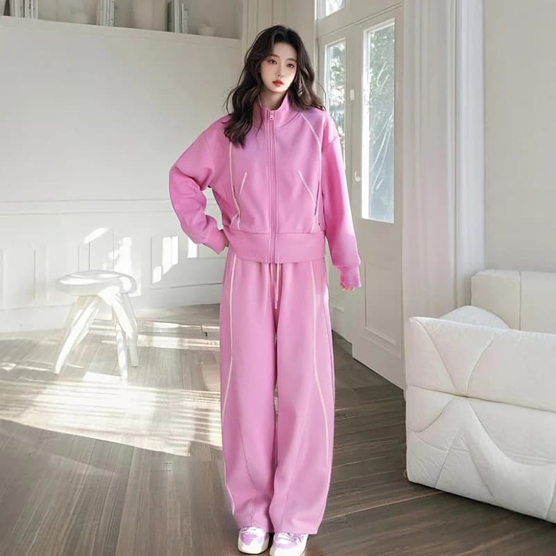 Pink Casual Sportswear Set Women's Loose Sweatshirt Jacket Wide Leg Sweatpants Early Spring Complete Matching Set
