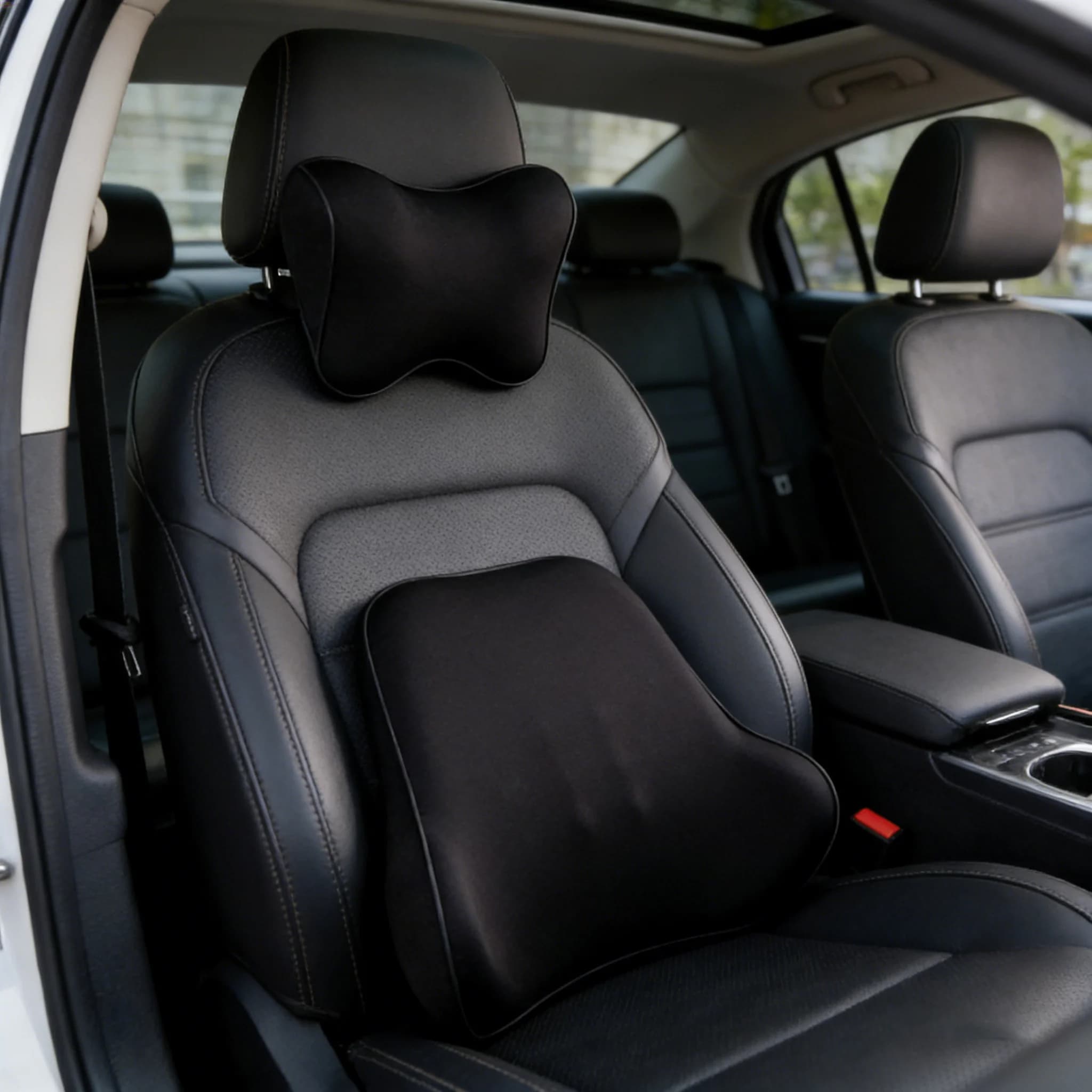 Set di Cuscini per Poggiatesta e Supporto Lombare per Auto, in Memory Foam, Tessuto Traspirante, Sagomato, Allevia la Fatica Lombare