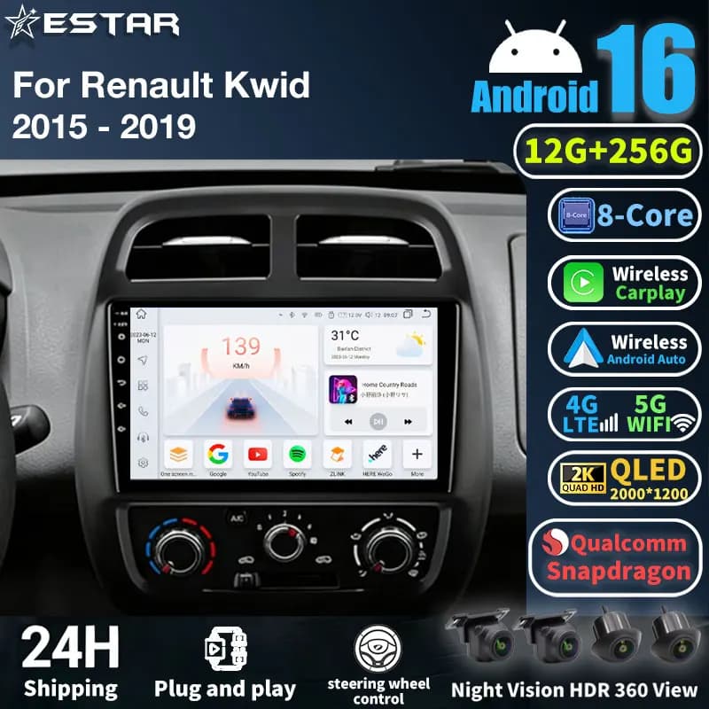 Autoradio Android 16 con Carplay, WIFI+4G per Renault KWID K-ZE Dacia Spring 2015-2019, Lettore Multimediale Video GPS 2din Stereo