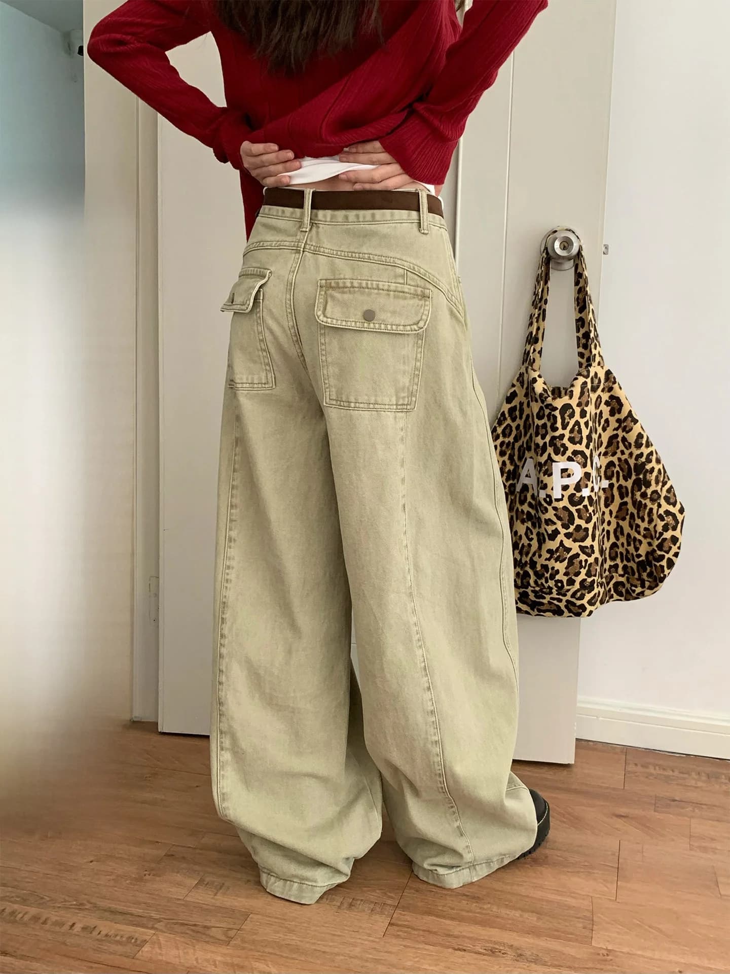 Jeans Casual a Gamba Larga Color Kaki da Donna, Pantaloni Lunghi a Vita Alta Drappeggiati, Moda Primavera-Estate, Comodi Pantaloni in Cotone