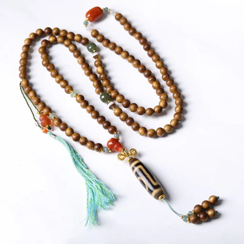 Bracciale Multi-Wrap in Legno di Agar Stile Tibetano con Perla Dzi a Due Occhi Patinata, Collana di Preghiera in Diaspro e Agata, Regali