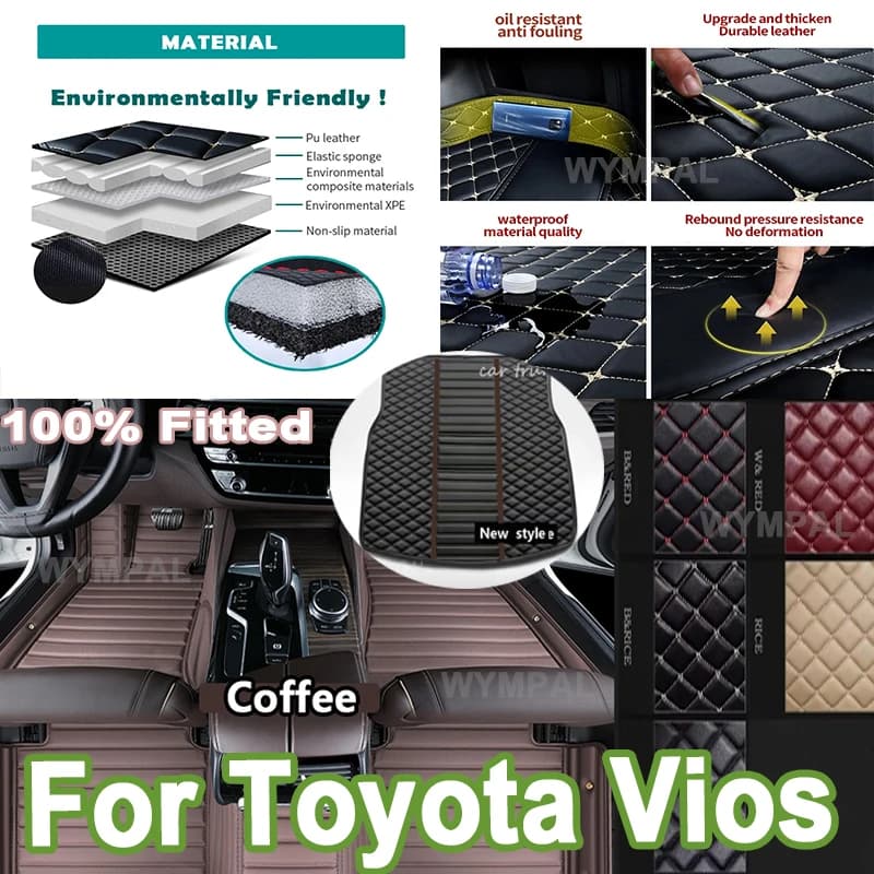 Tappetini per auto in pelle di lusso per Toyota Vios Yaris berlina ATIV Limo XP150 2013 ~ 2022 Tappeti Tappetino impermeabile Set Tappetini per auto