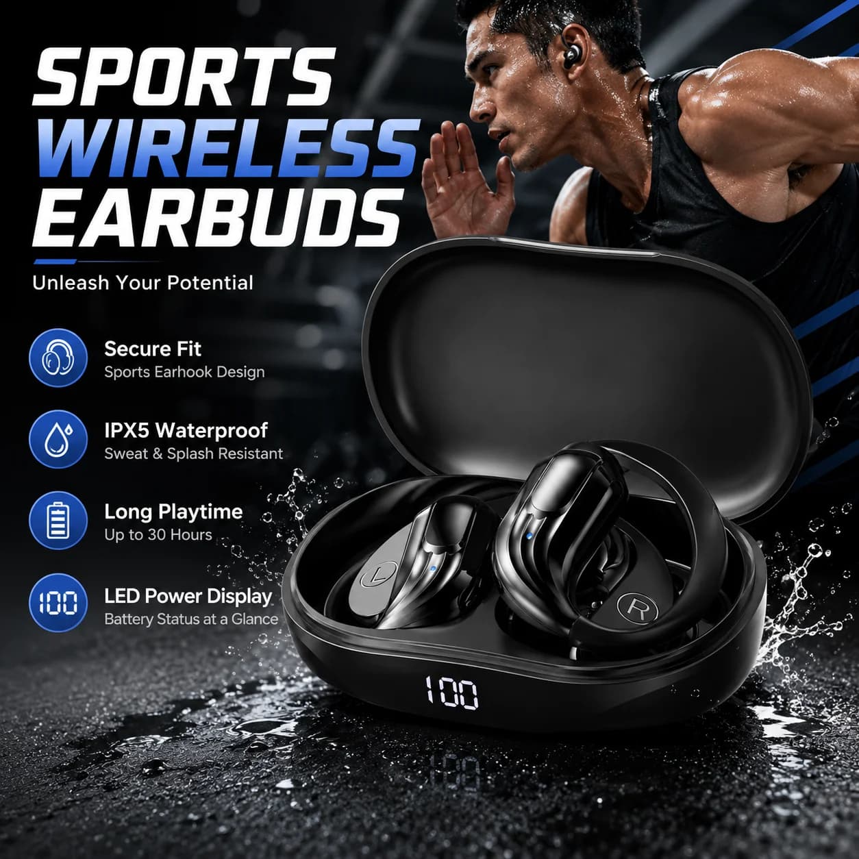 New Wireless Earbuds LED Display Sports Bluetooth 5.3 Earhook Headphones Deep Bass HiFi Stereo Noise Cancelling Runing Earphones